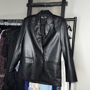 Zara‎ Faux Leather Blazer Black Single Breasted Jacket